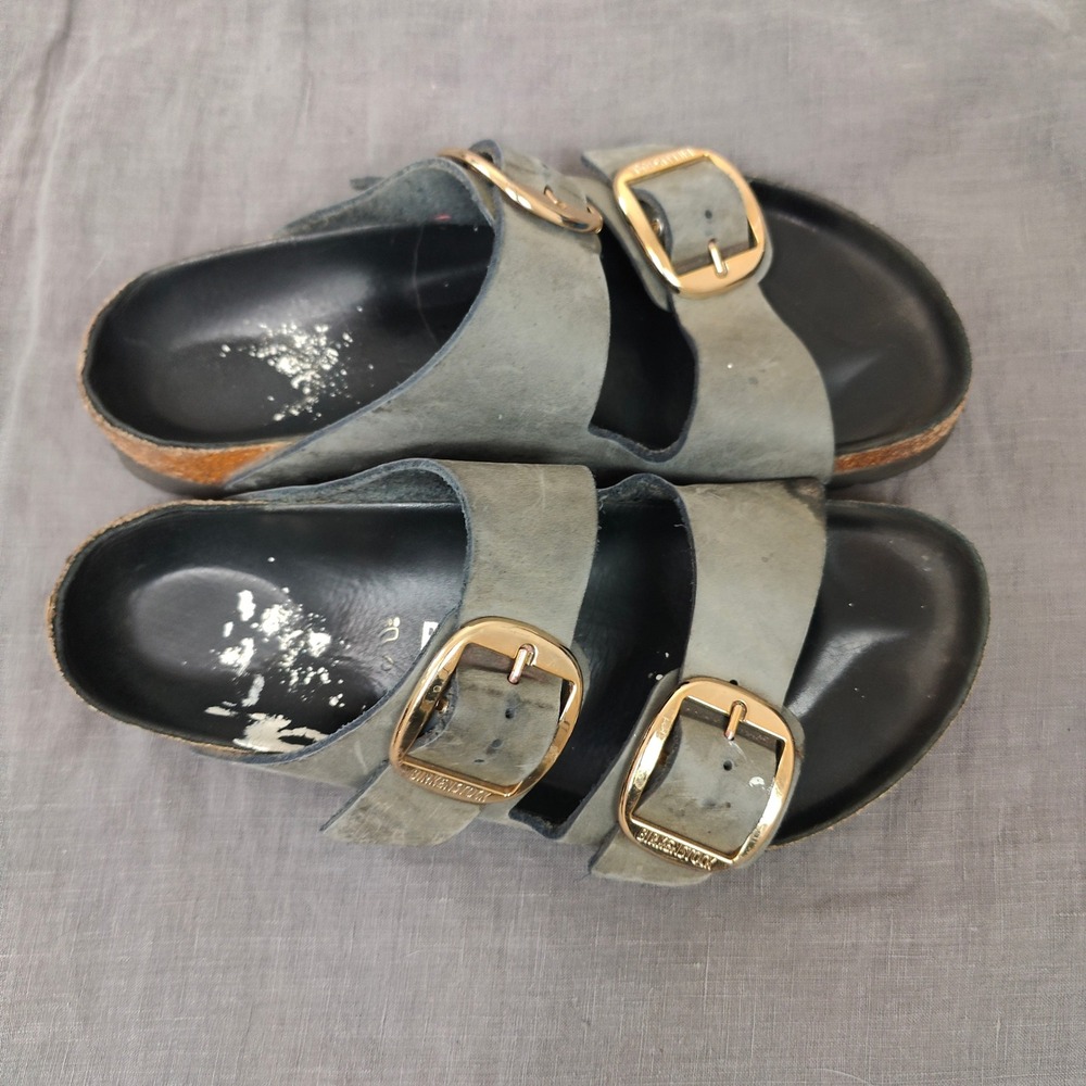 Birkenstock Arizona Big Buckle Sandals Women 39 US 8 Grey Leather Gold Hardware - Picture 3 of 11
